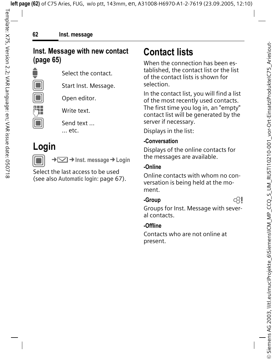 Login, Contact lists, Inst. message with new contact (page 65) | Siemens C75 User Manual | Page 63 / 144