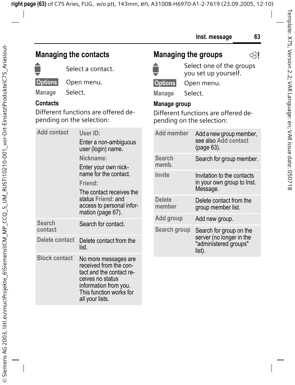 Managing the contacts, Managing the groups b | Siemens C75 User Manual | Page 64 / 144