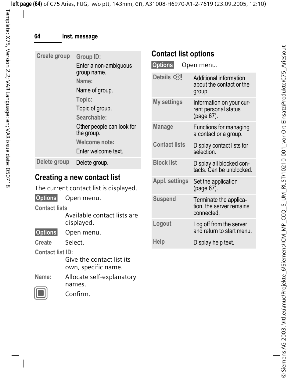 Creating a new contact list, Contact list options | Siemens C75 User Manual | Page 65 / 144
