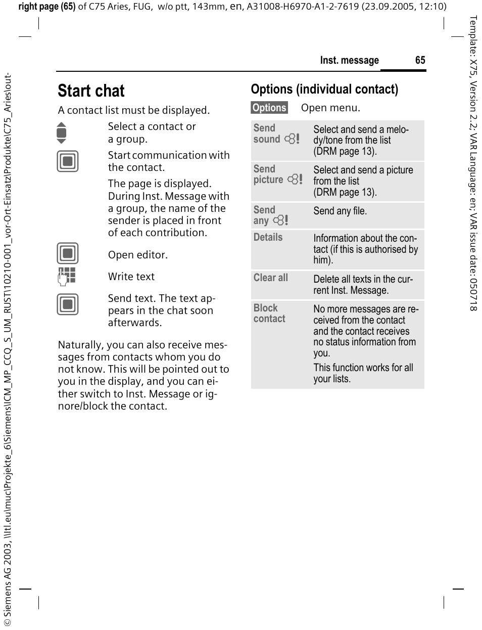 Start chat, Options (individual contact) | Siemens C75 User Manual | Page 66 / 144