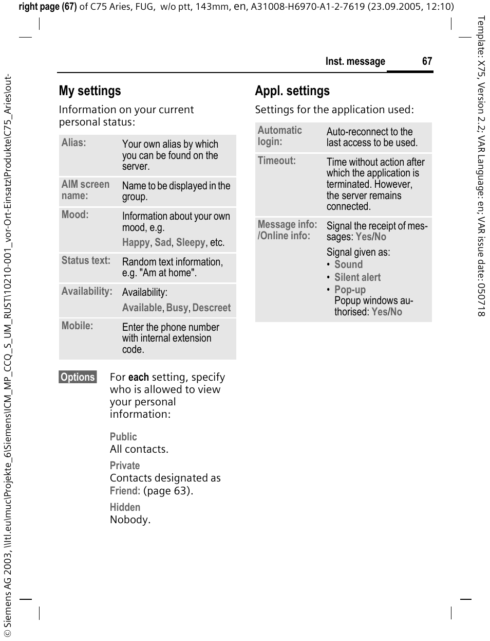 My settings, Appl. settings | Siemens C75 User Manual | Page 68 / 144