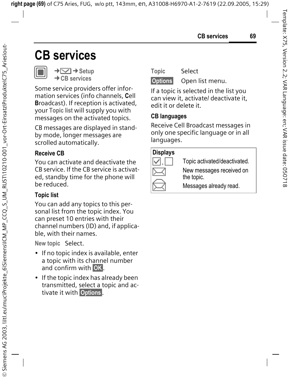 Cb services, Cb services c | Siemens C75 User Manual | Page 70 / 144