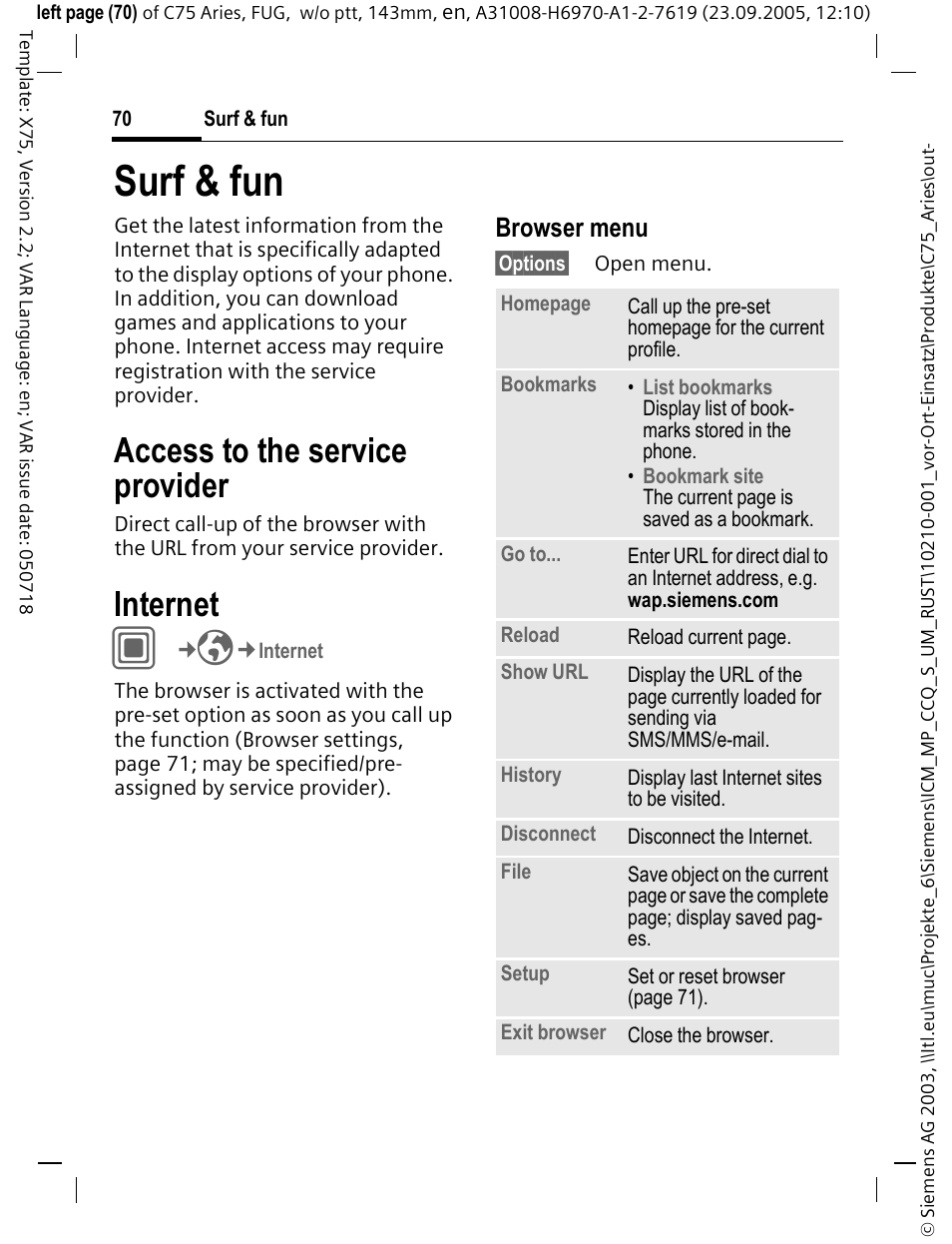 Surf & fun, Internet, Access to the service provider | Browser menu | Siemens C75 User Manual | Page 71 / 144