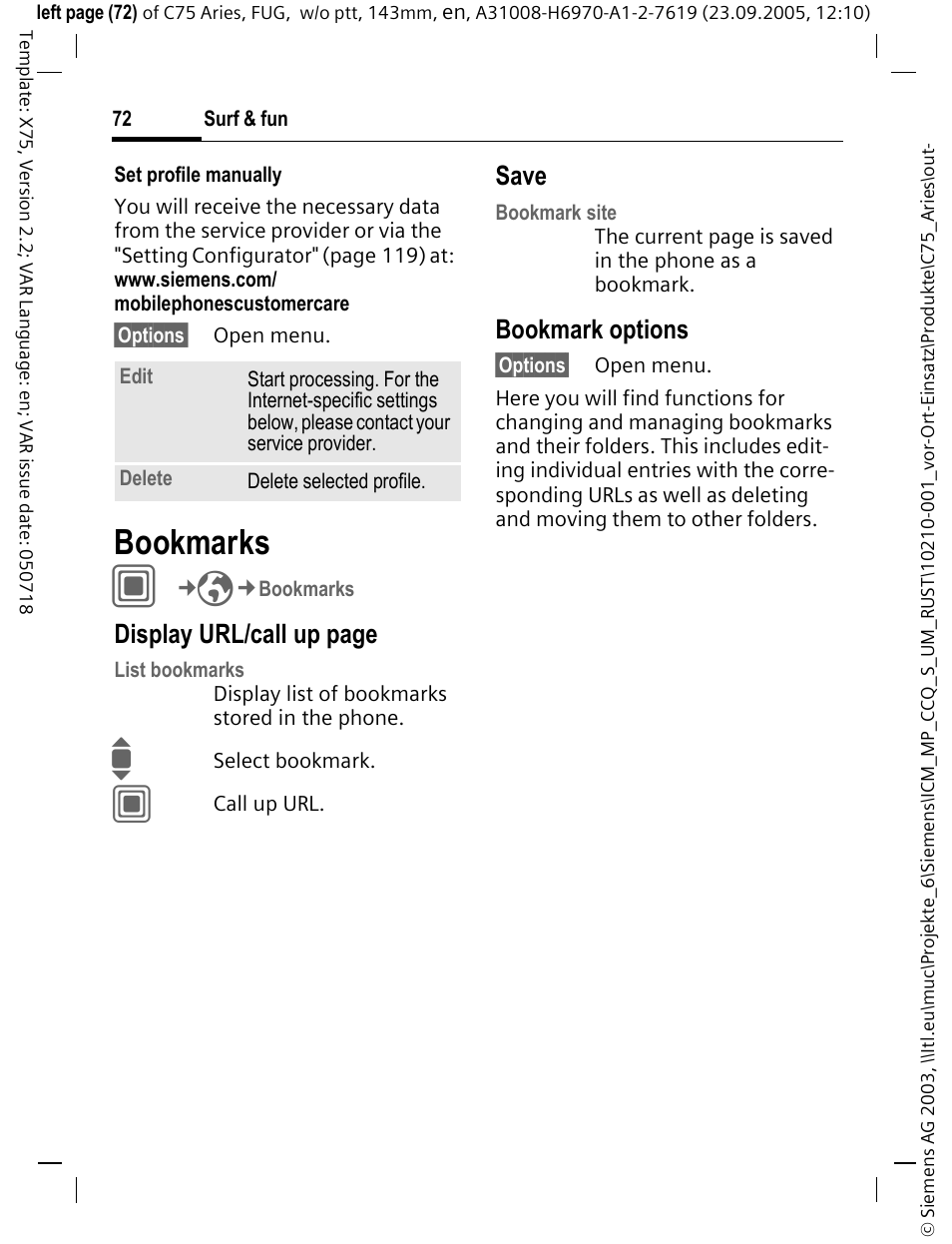 Bookmarks, Display url/call up page, Save | Bookmark options | Siemens C75 User Manual | Page 73 / 144