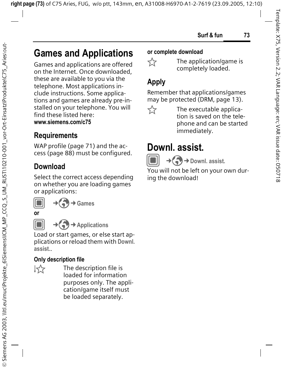Games and applications, Downl. assist, P. 73) | Requirements, Download, Apply | Siemens C75 User Manual | Page 74 / 144
