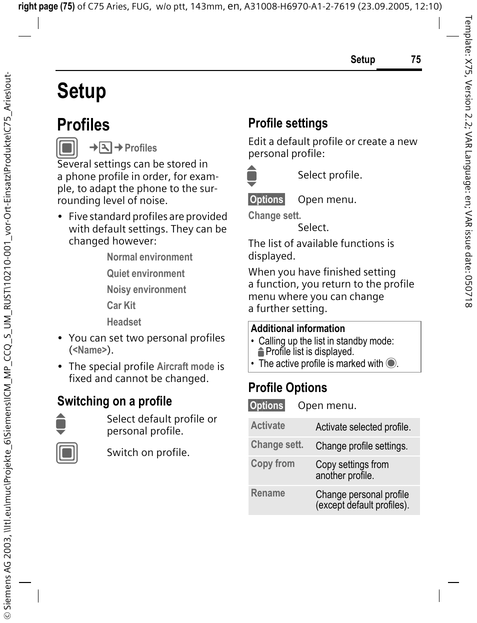 Setup, Profiles, Switching on a profile | Profile settings, Profile options | Siemens C75 User Manual | Page 76 / 144