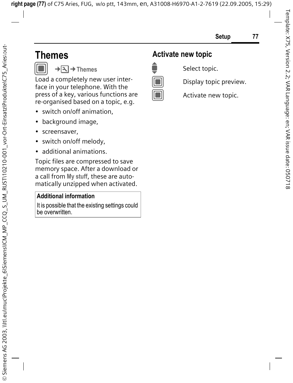 Themes, Activate new topic | Siemens C75 User Manual | Page 78 / 144