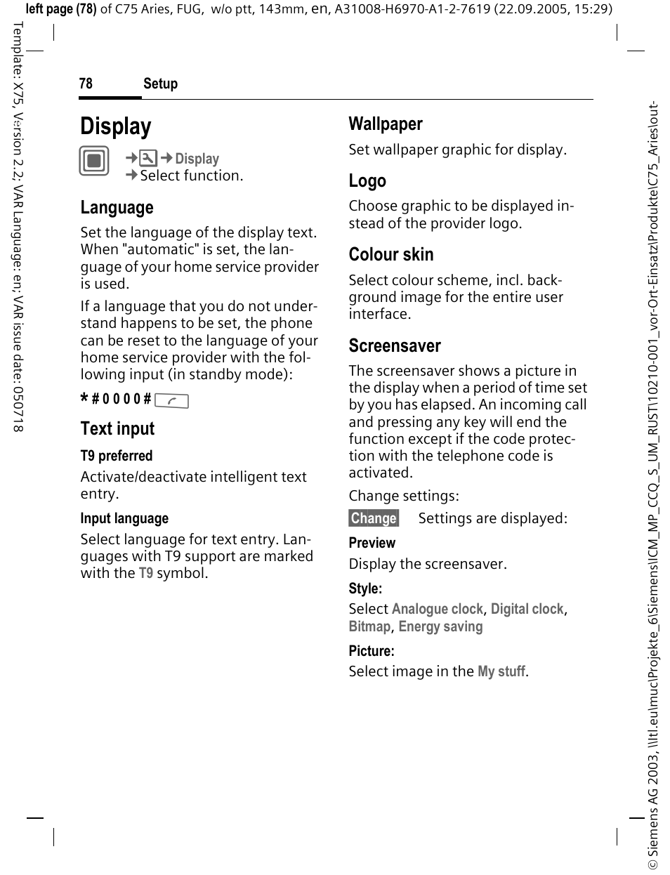 Display, Ver (p. 78), O (p. 78) | R (p. 78), Heme (p. 78), Language, Text input, Wallpaper, Logo, Colour skin | Siemens C75 User Manual | Page 79 / 144