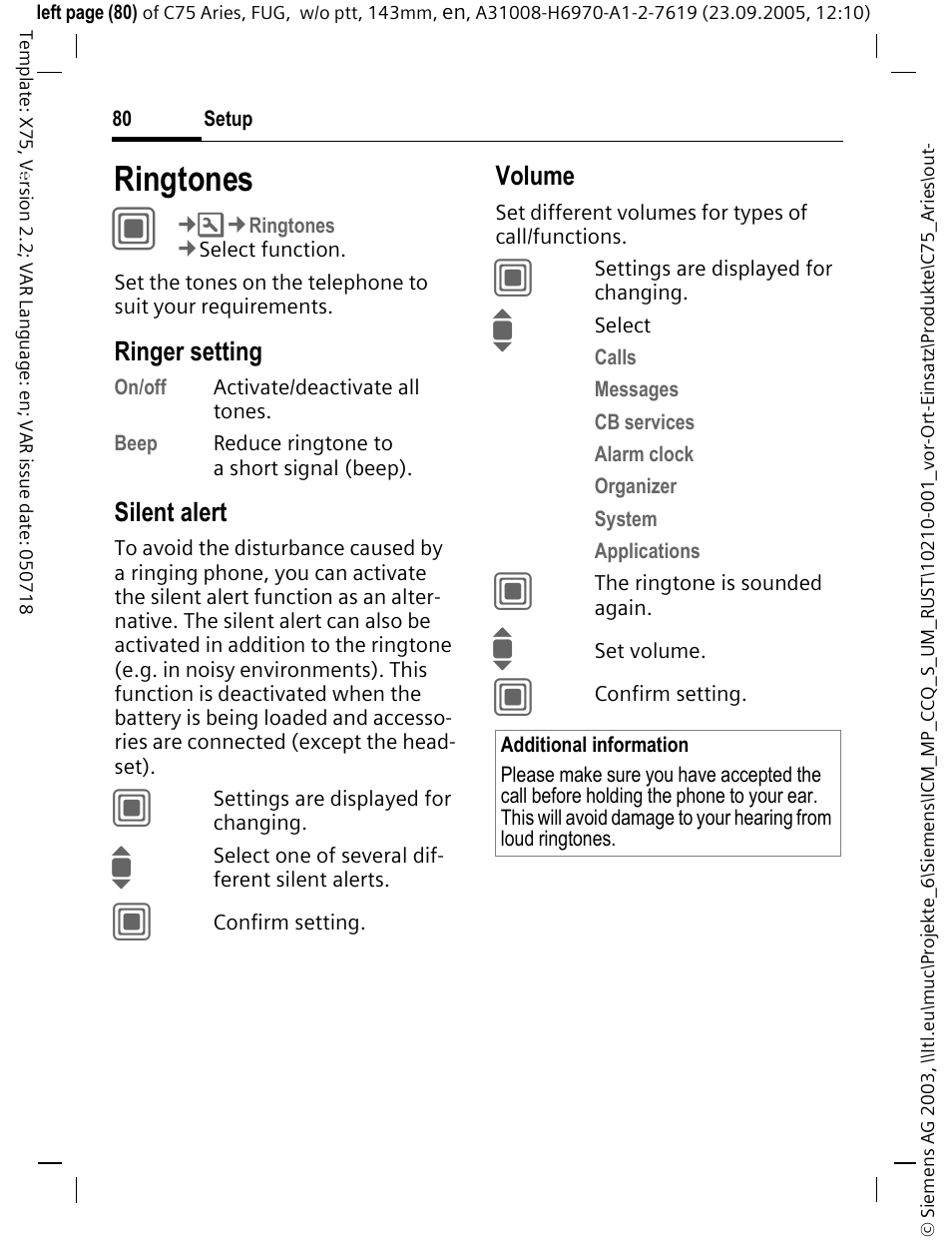 Ringtones, Nes (p. 80), Ringer setting | Silent alert, Volume | Siemens C75 User Manual | Page 81 / 144