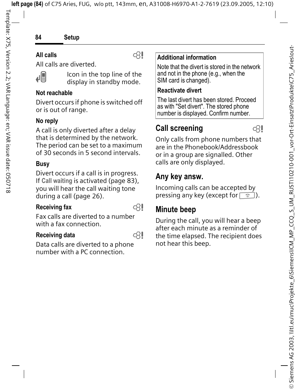 Call screening b, Any key answ, Minute beep | Siemens C75 User Manual | Page 85 / 144