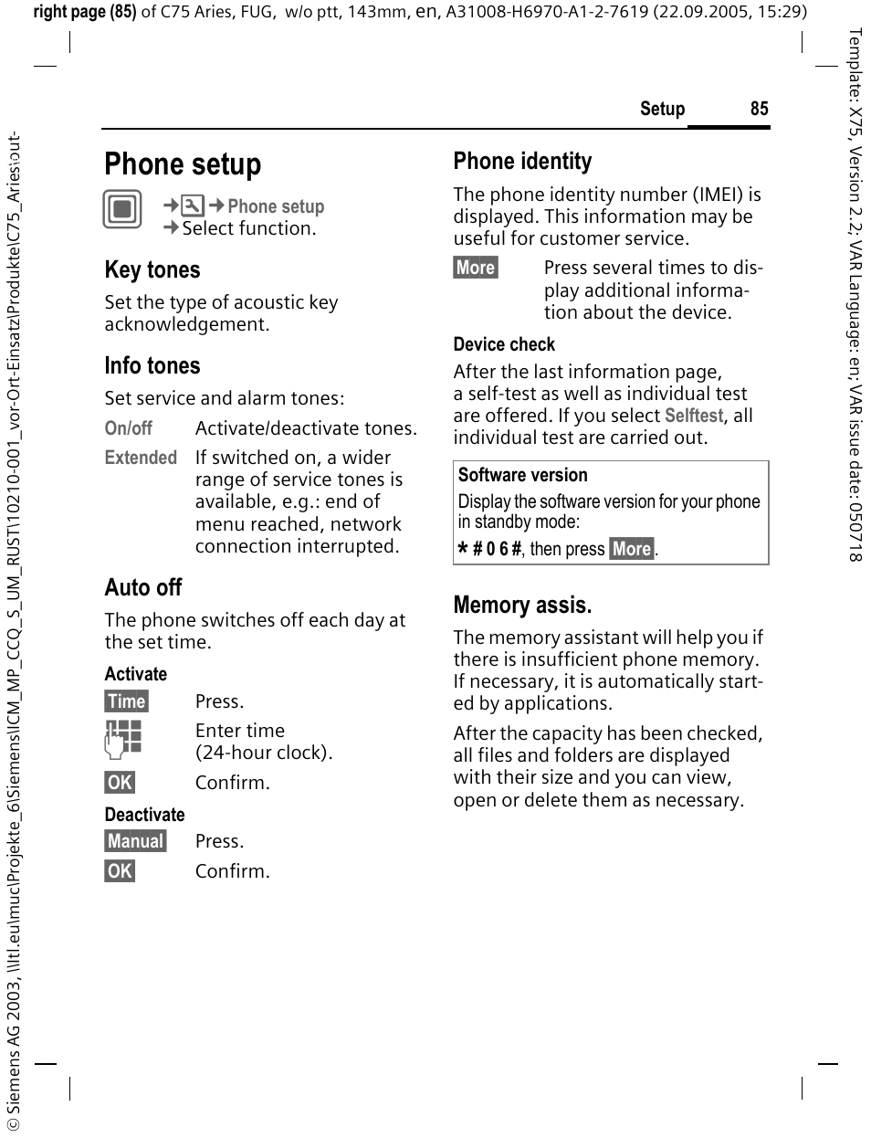 Phone setup, Key tones, Info tones | Auto off, Phone identity | Siemens C75 User Manual | Page 86 / 144