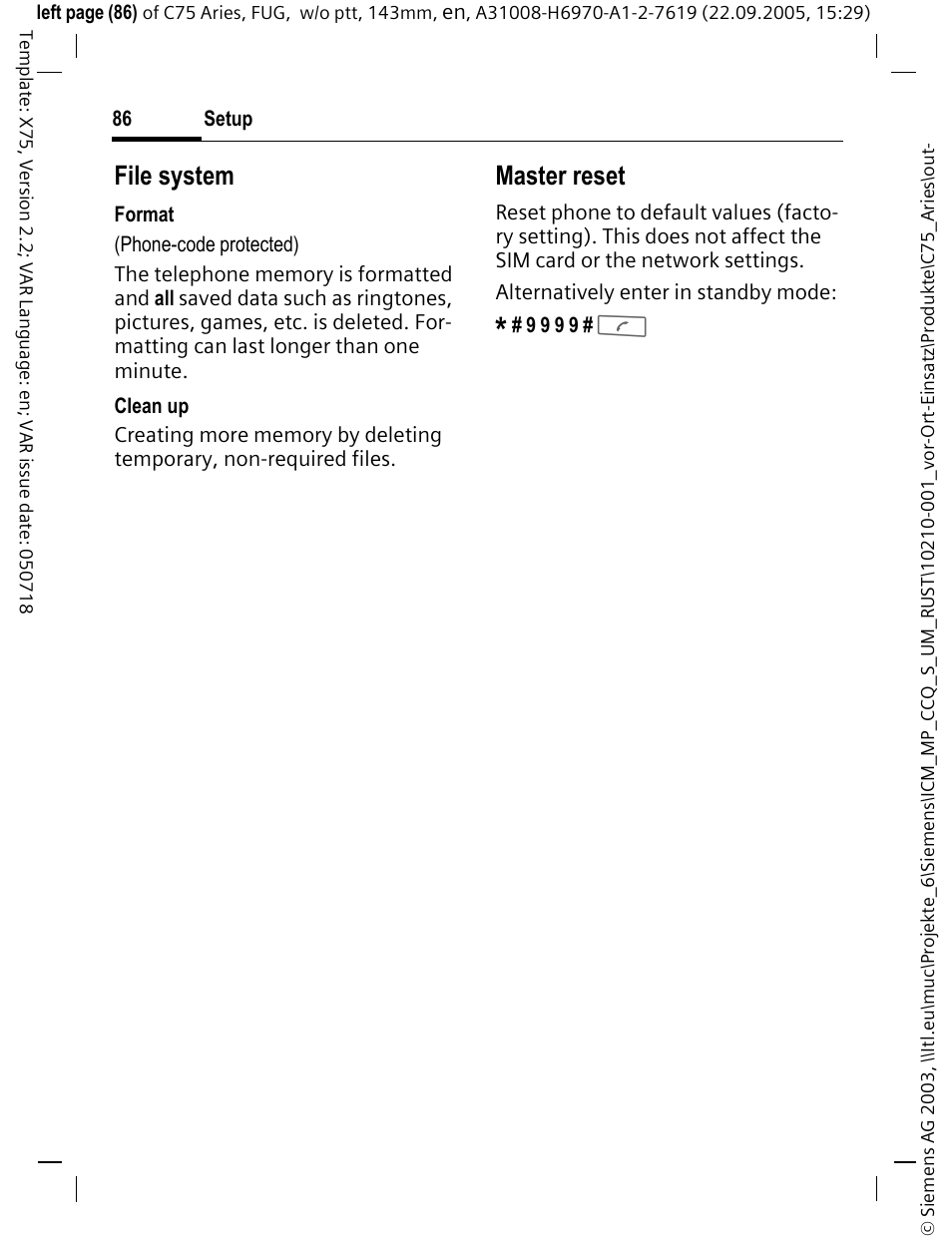 File system, Master reset | Siemens C75 User Manual | Page 87 / 144