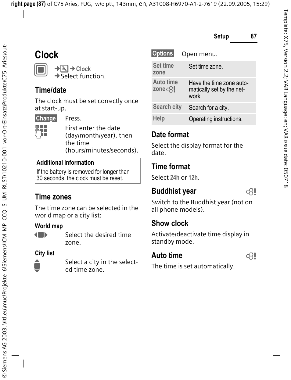 Clock, Time/date, Time zones | Date format, Time format, Buddhist year b, Show clock, Auto time b | Siemens C75 User Manual | Page 88 / 144
