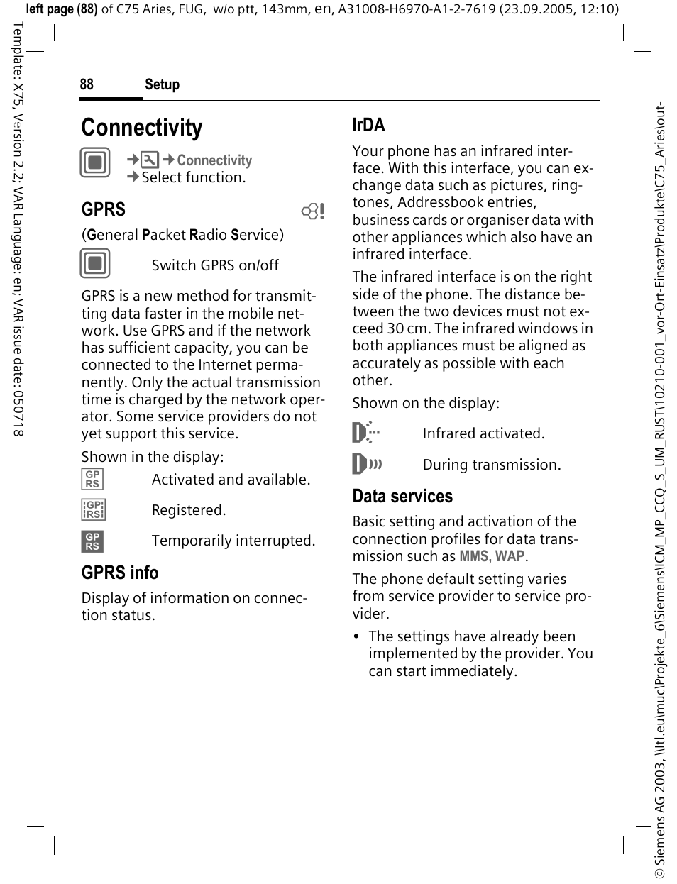 Connectivity, Gprs b, Gprs info | Irda, Data services | Siemens C75 User Manual | Page 89 / 144