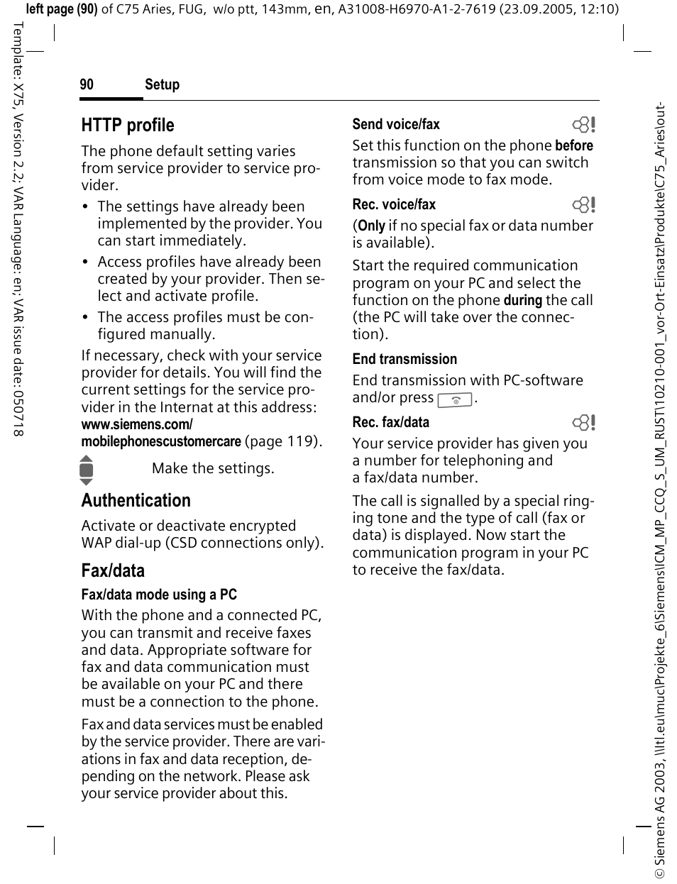 Authentication, Fax/data | Siemens C75 User Manual | Page 91 / 144