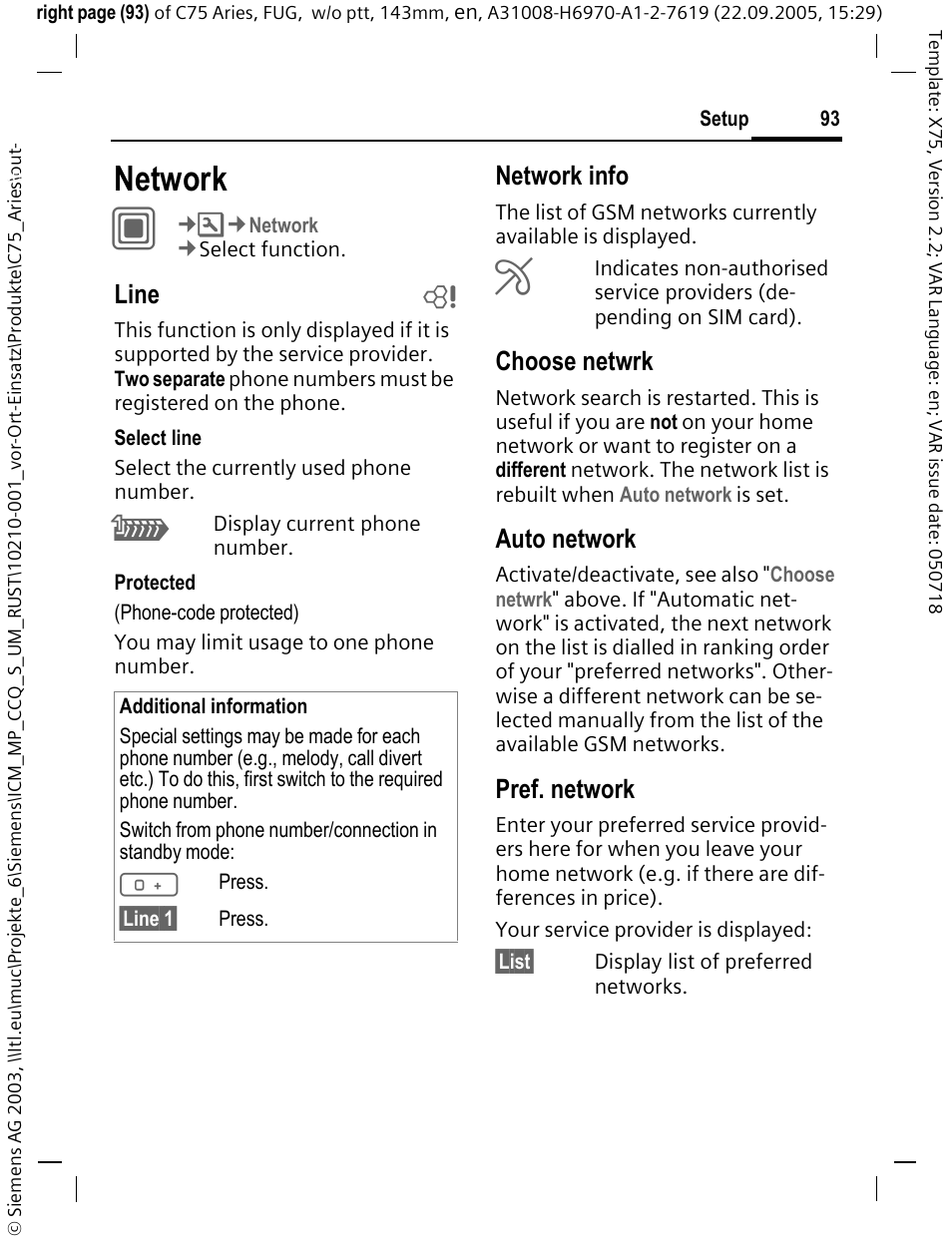 Network, Line b, Network info | Choose netwrk, Auto network, Pref. network | Siemens C75 User Manual | Page 94 / 144