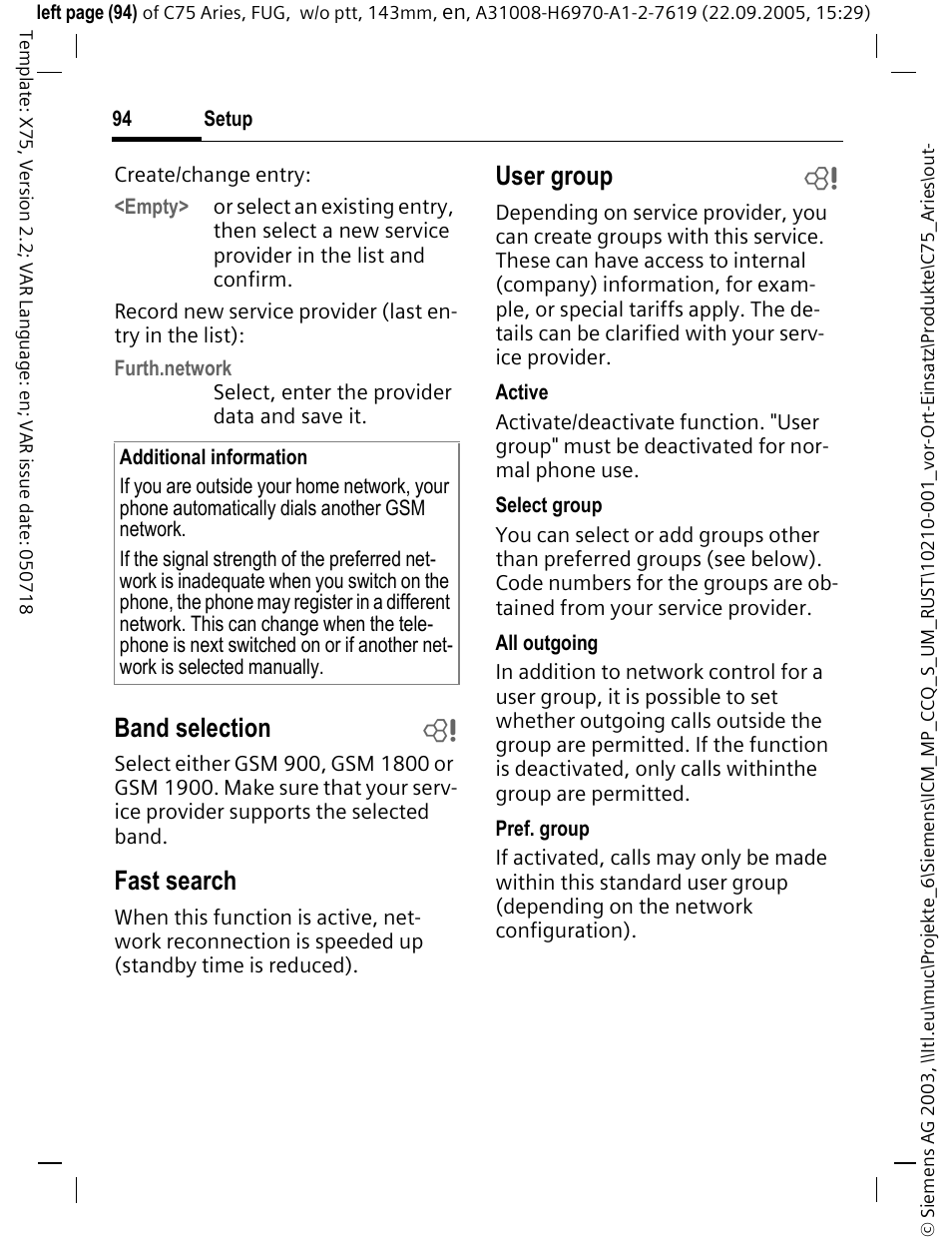 Band selection b, Fast search, User group b | Siemens C75 User Manual | Page 95 / 144