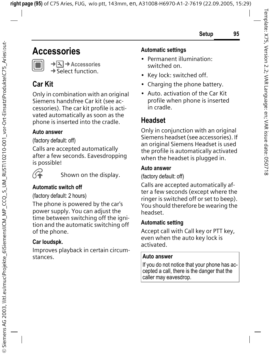 Accessories, Car kit, Headset | Siemens C75 User Manual | Page 96 / 144