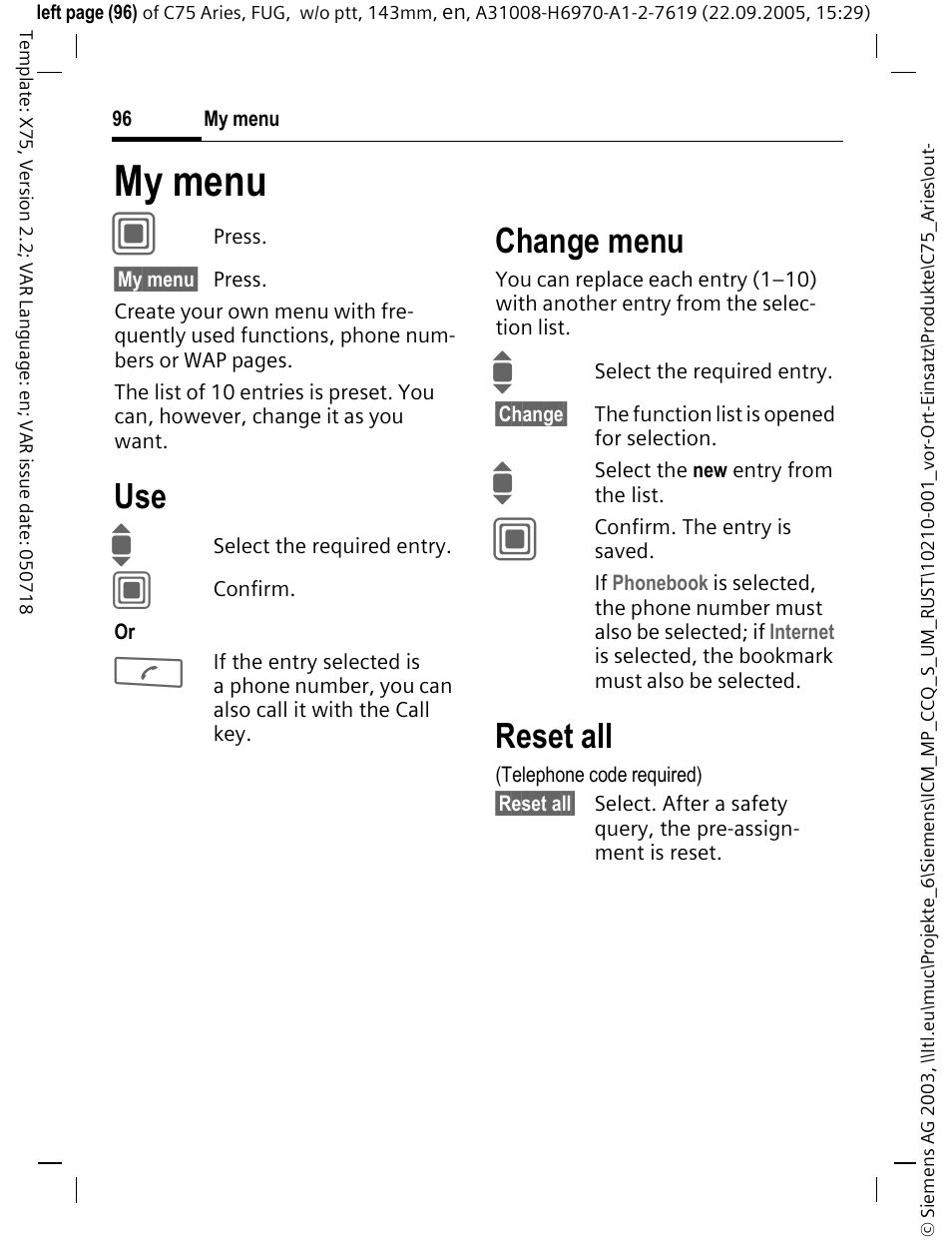 My menu, P. 96), My menu c | Change menu, Reset all | Siemens C75 User Manual | Page 97 / 144