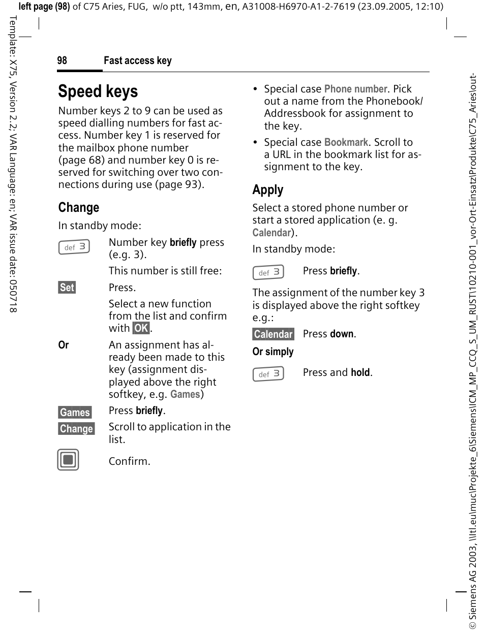 Speed keys, Change, Apply | Siemens C75 User Manual | Page 99 / 144