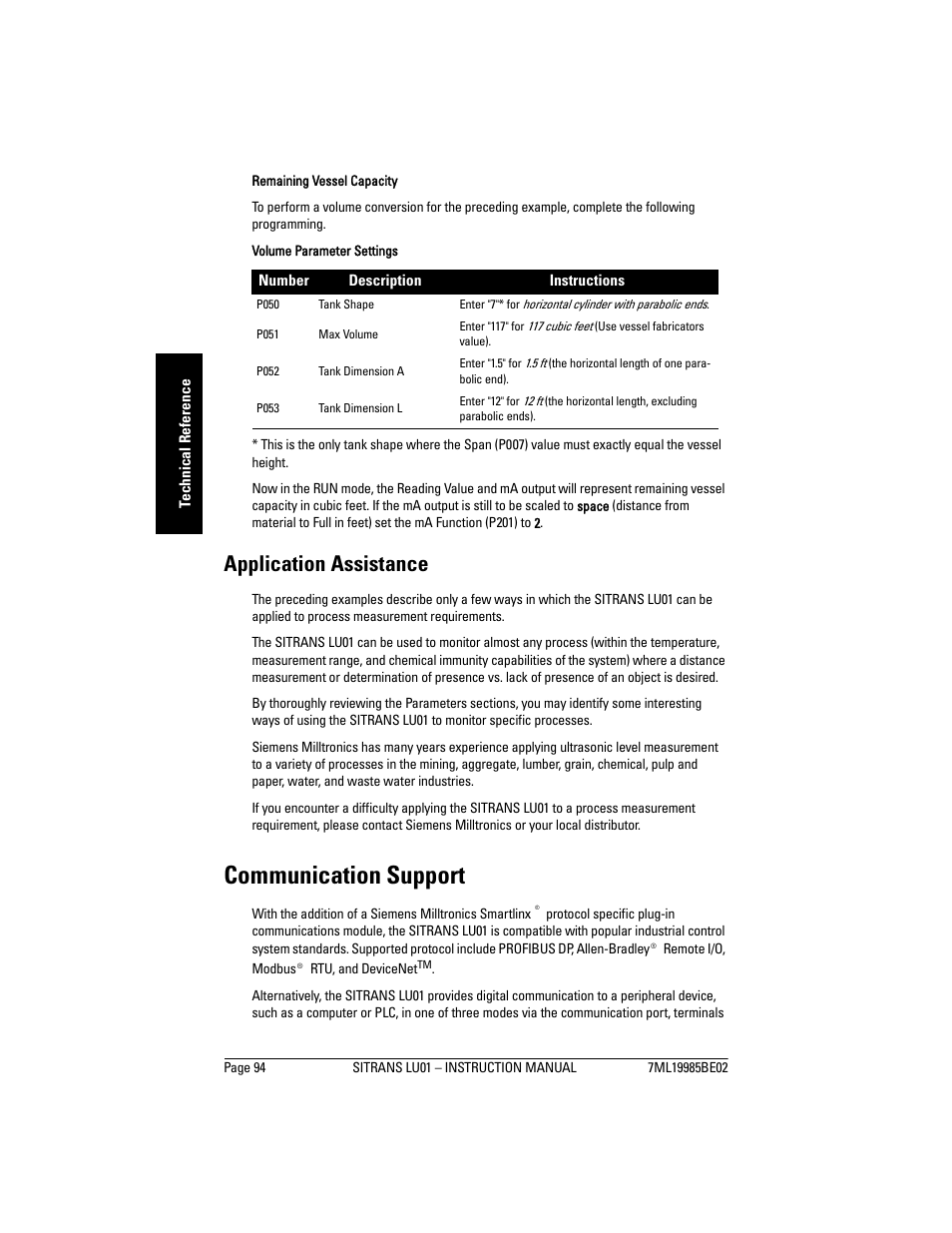 Application assistance, Communication support | Siemens sitrans LU01 User Manual | Page 100 / 114