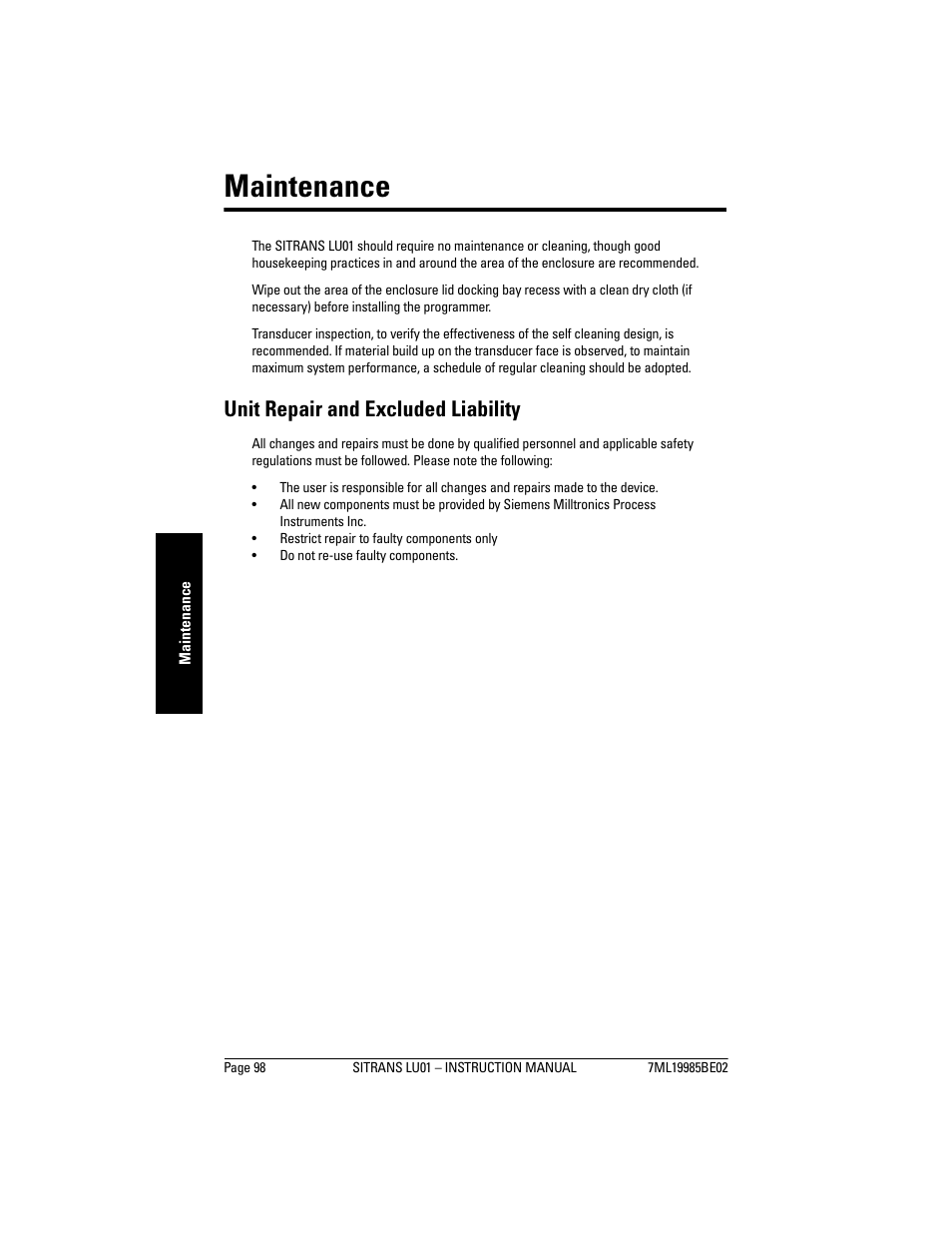 Maintenance, Unit repair and excluded liability | Siemens sitrans LU01 User Manual | Page 104 / 114