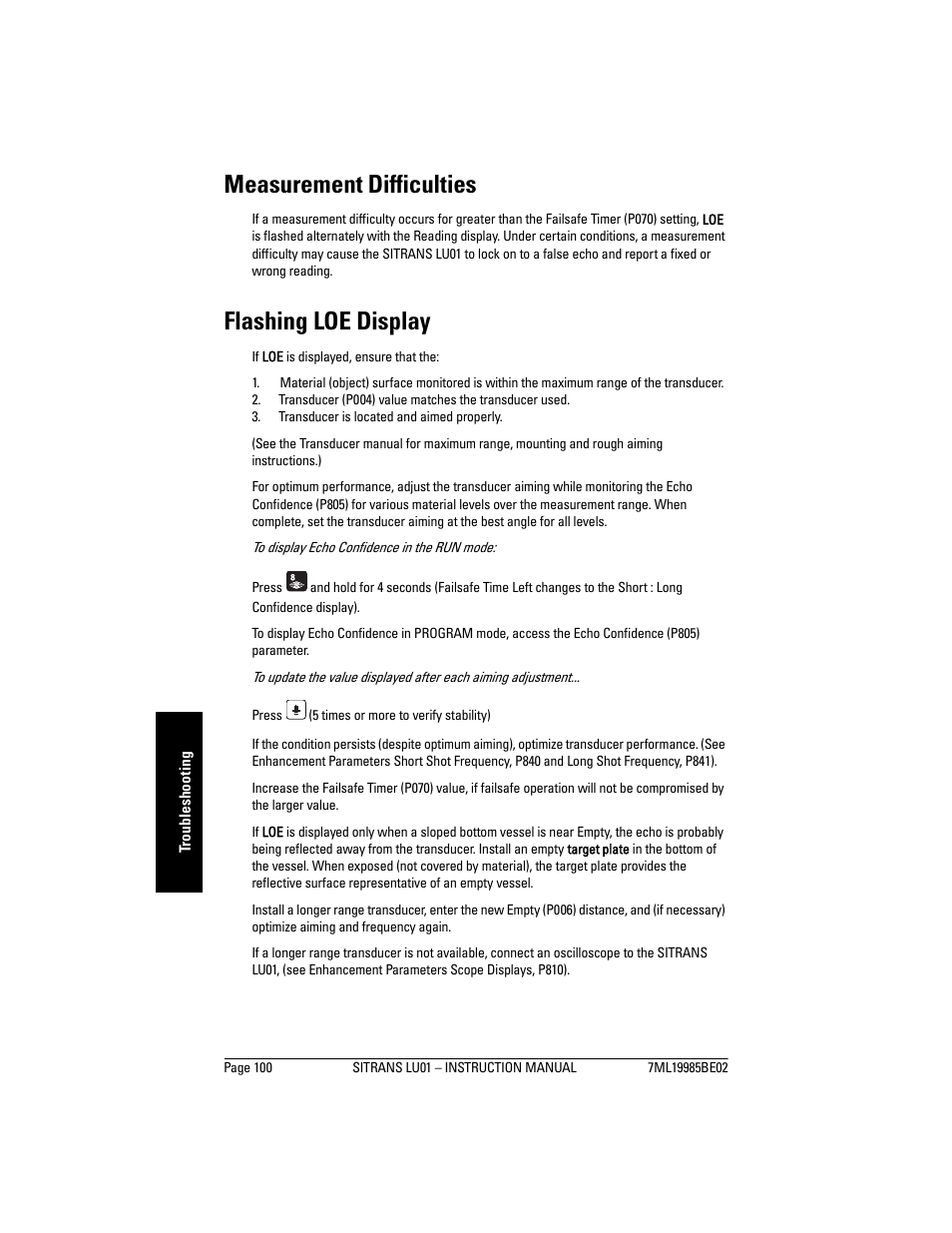 Measurement difficulties, Flashing loe display | Siemens sitrans LU01 User Manual | Page 106 / 114