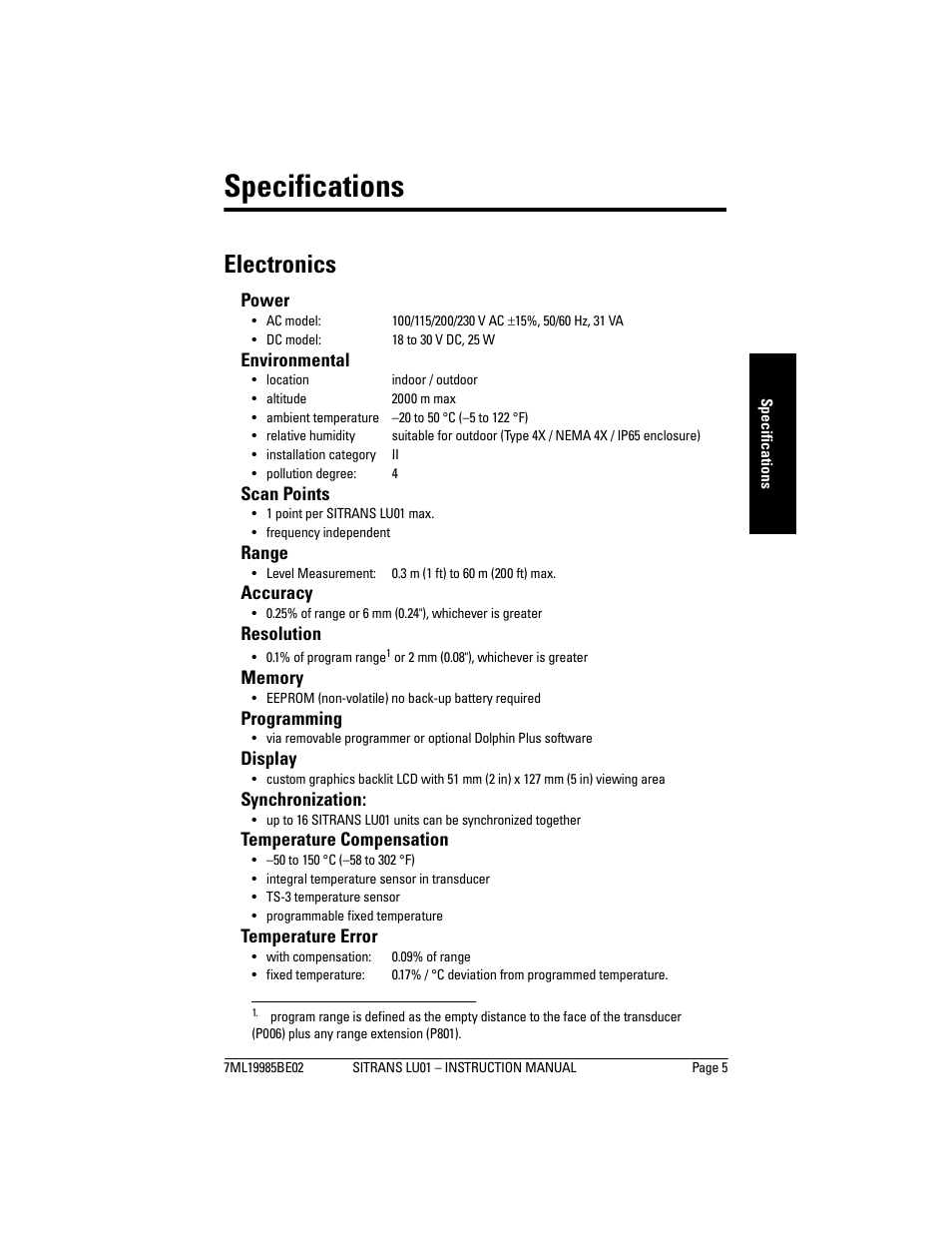 Specifications, Electronics | Siemens sitrans LU01 User Manual | Page 11 / 114