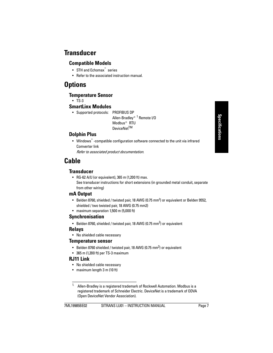 Transducer, Options, Cable | Transducer options cable | Siemens sitrans LU01 User Manual | Page 13 / 114