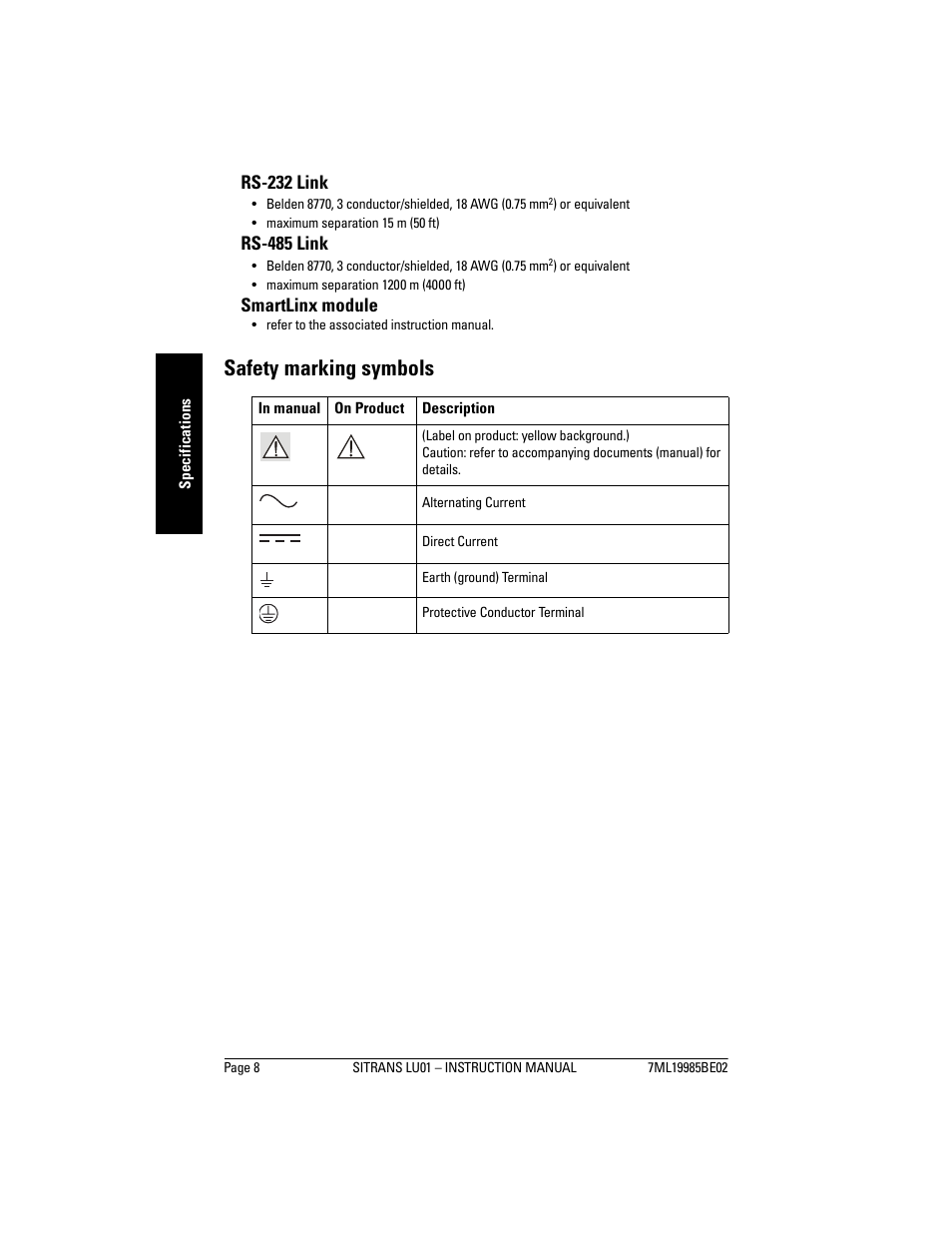 Safety marking symbols, Rs-232 link, Rs-485 link | Smartlinx module | Siemens sitrans LU01 User Manual | Page 14 / 114