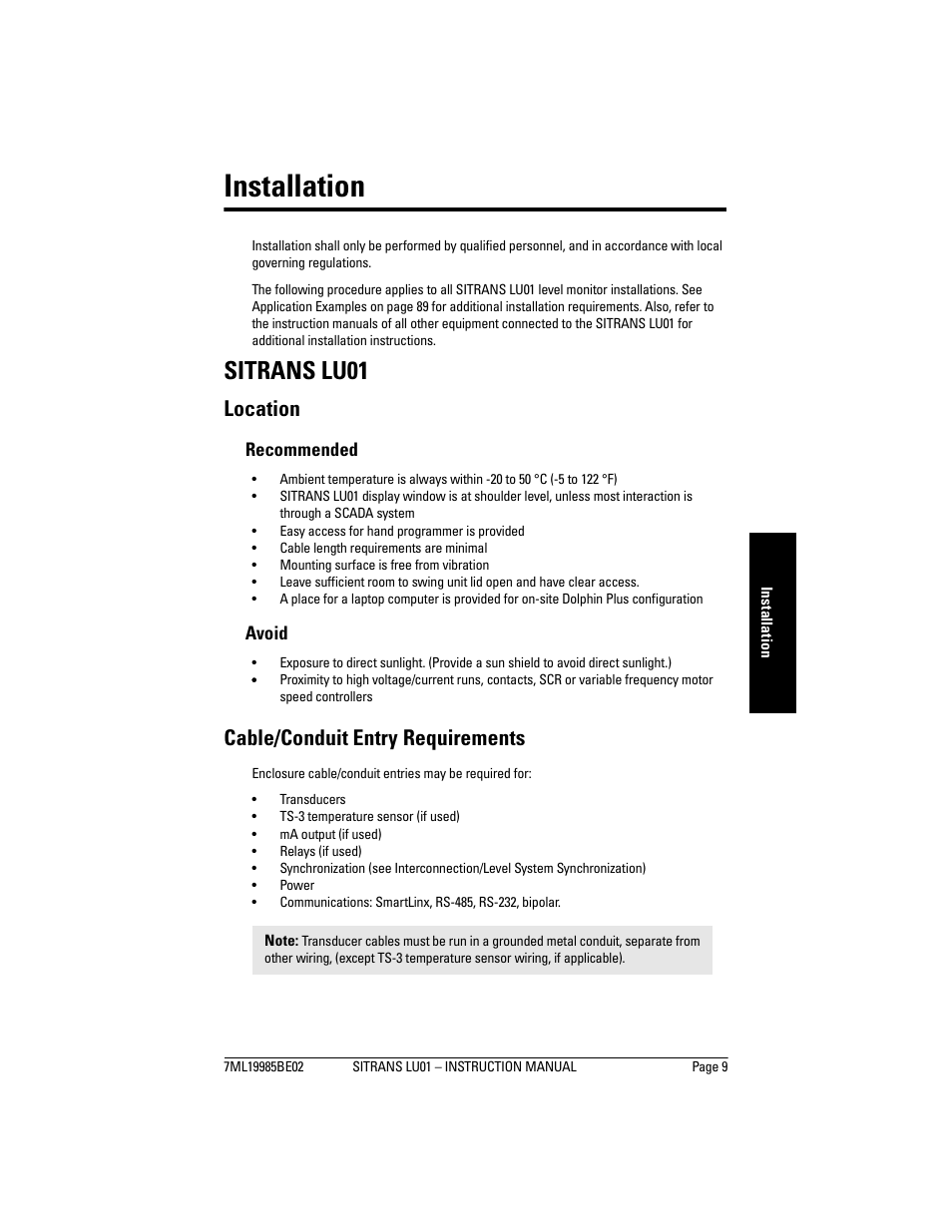 Installation, Sitrans lu01, Location | Cable/conduit entry requirements, Location cable/conduit entry requirements | Siemens sitrans LU01 User Manual | Page 15 / 114