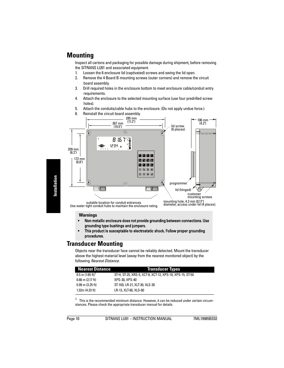 Mounting, Transducer mounting, Inst allat ion | Warnings, Nearest distance transducer types | Siemens sitrans LU01 User Manual | Page 16 / 114