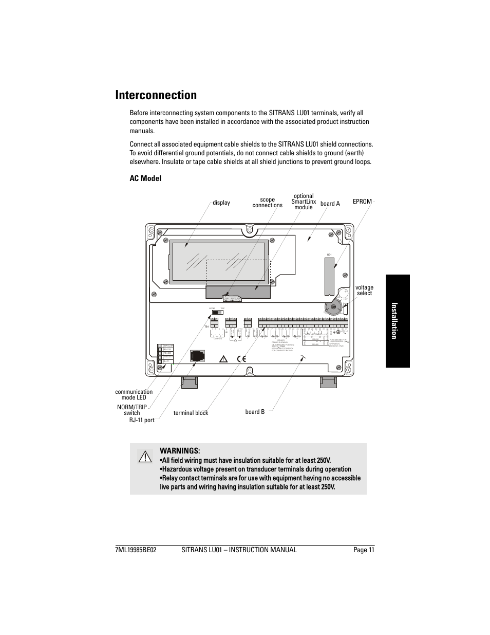 Interconnection, Inst allat ion, Ac model warnings | Sw1 s1, Tp 6 tp 5 | Siemens sitrans LU01 User Manual | Page 17 / 114