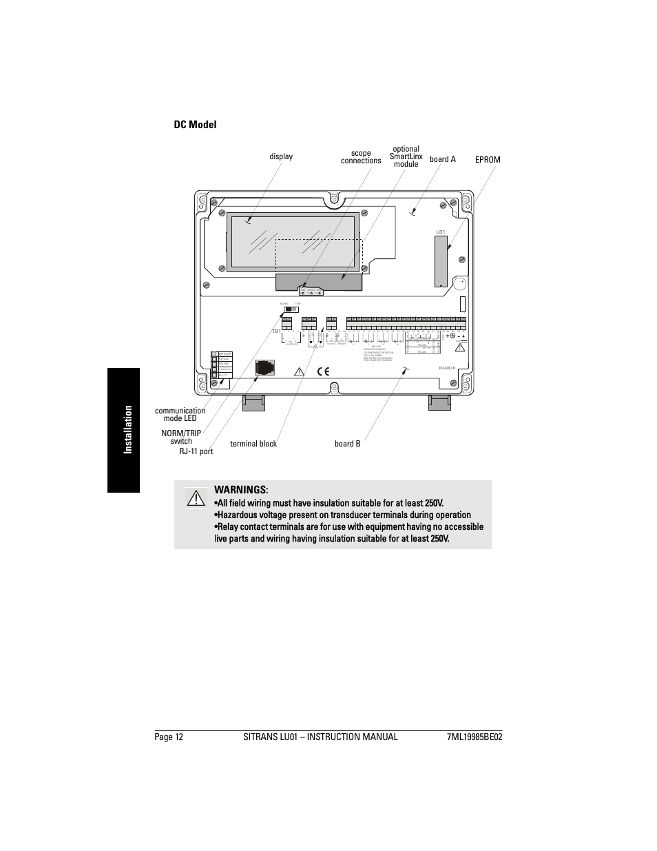 Inst allat ion dc model warnings, Tp6 tp5 tp4 | Siemens sitrans LU01 User Manual | Page 18 / 114