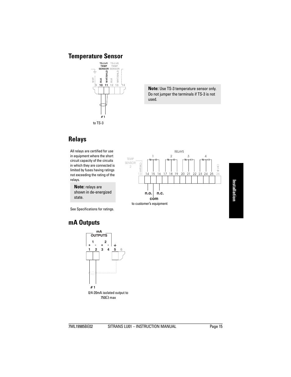 Temperature sensor, Relays, Ma outputs | Temperature sensor relays ma outputs, Inst allat ion, Relays are shown in de-energized state | Siemens sitrans LU01 User Manual | Page 21 / 114