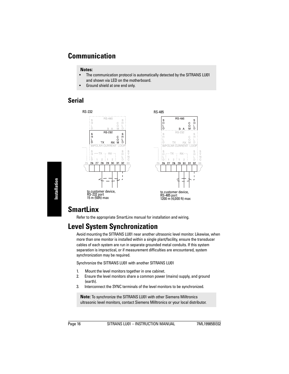 Communication, Serial, Smartlinx | Level system synchronization | Siemens sitrans LU01 User Manual | Page 22 / 114