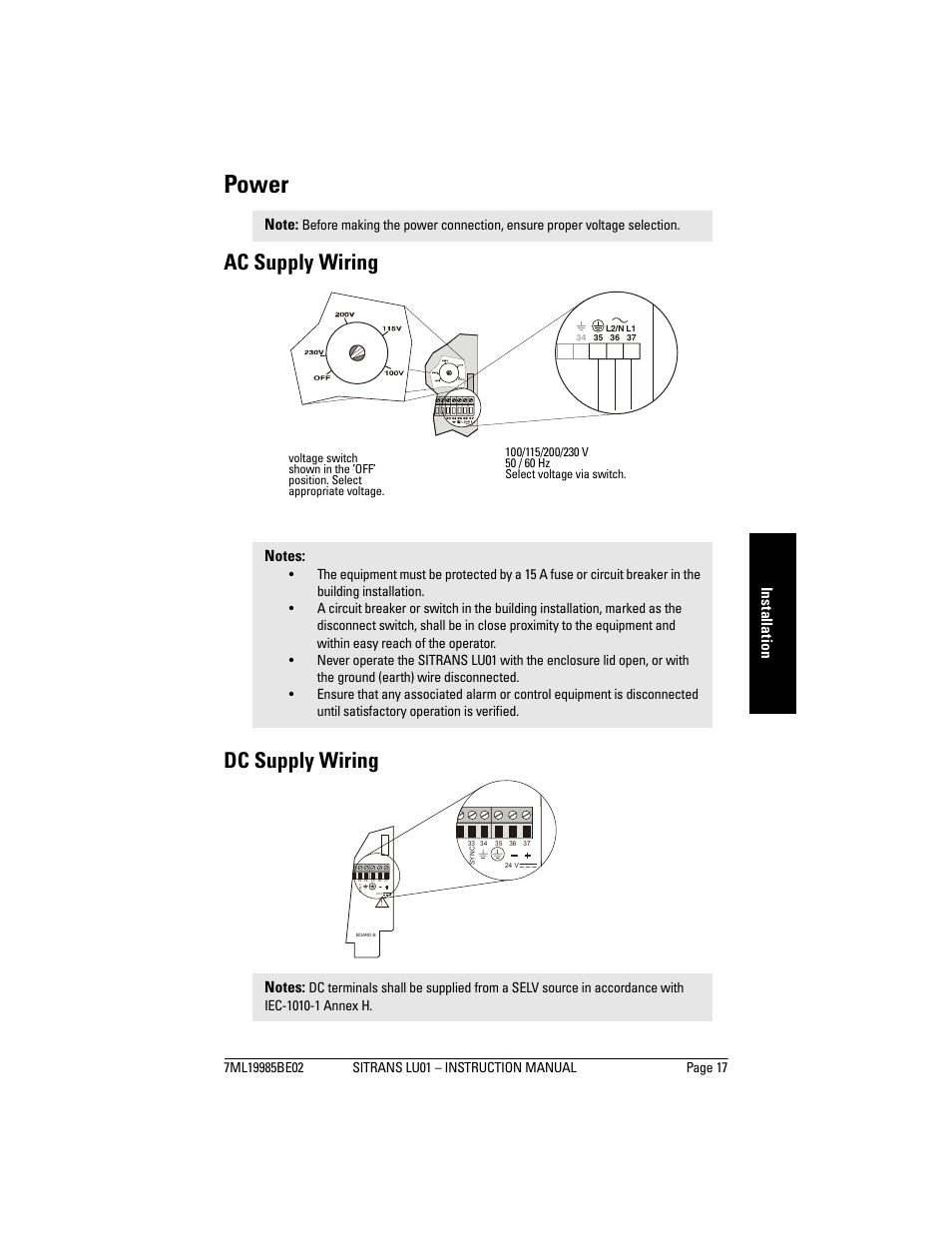 Power, Ac supply wiring, Dc supply wiring | Ac supply wiring dc supply wiring, Inst allat ion | Siemens sitrans LU01 User Manual | Page 23 / 114