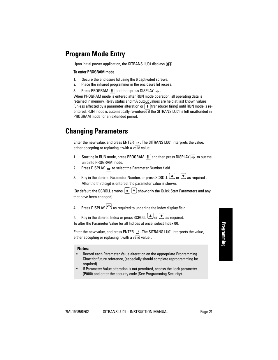 Program mode entry, Changing parameters, Program mode entry changing parameters | Siemens sitrans LU01 User Manual | Page 27 / 114