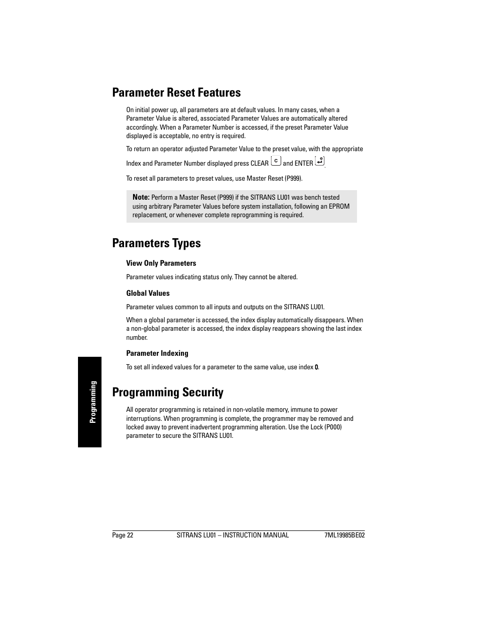 Parameter reset features, Parameters types, Programming security | Siemens sitrans LU01 User Manual | Page 28 / 114