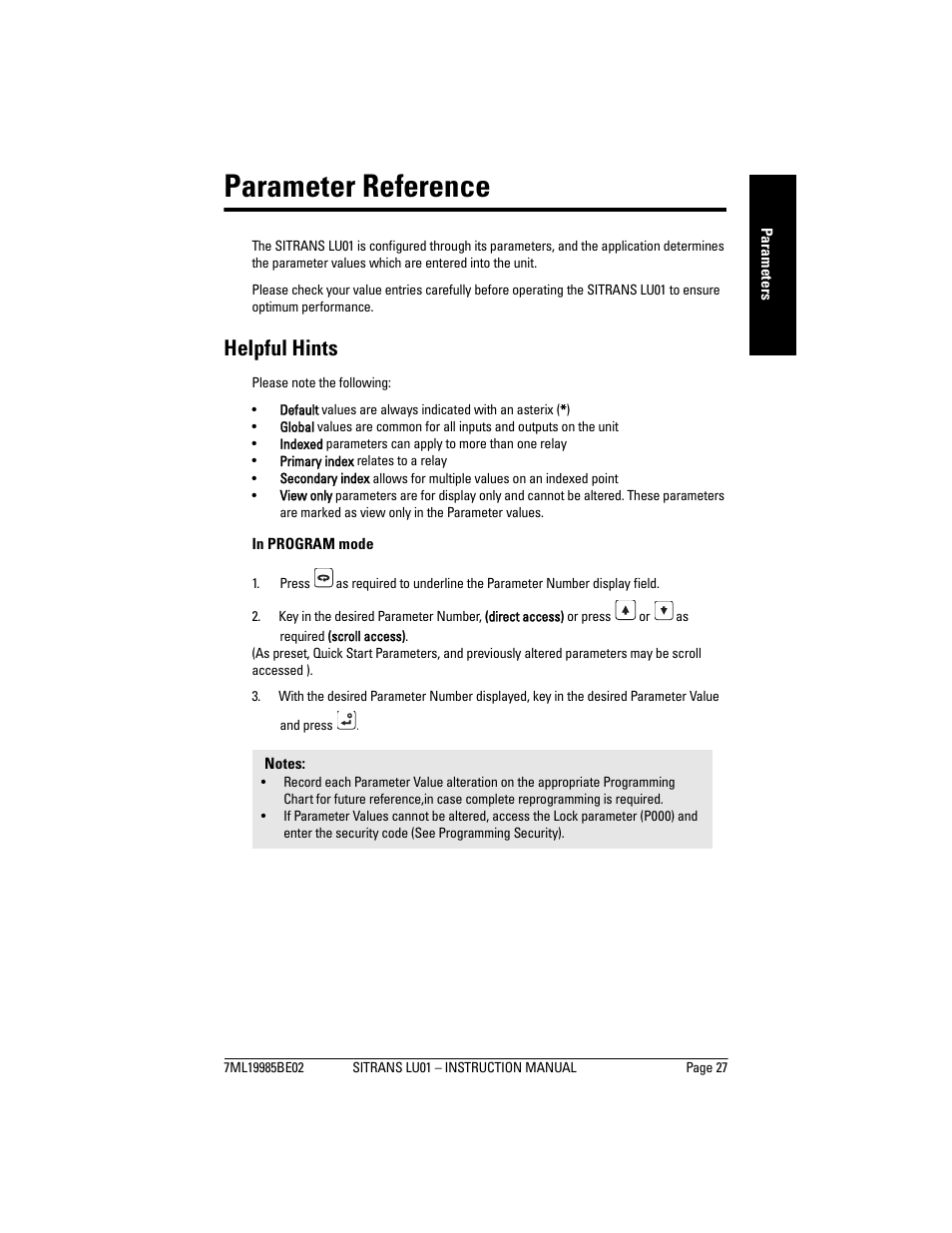 Parameter reference, Helpful hints | Siemens sitrans LU01 User Manual | Page 33 / 114