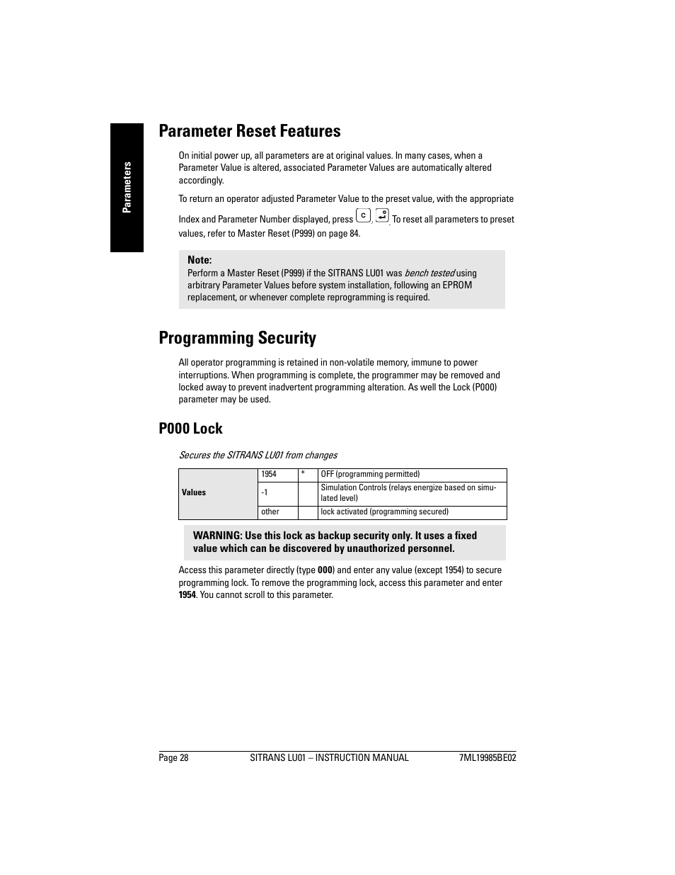 Parameter reset features, Programming security, Parameter reset features programming security | P000 lock | Siemens sitrans LU01 User Manual | Page 34 / 114