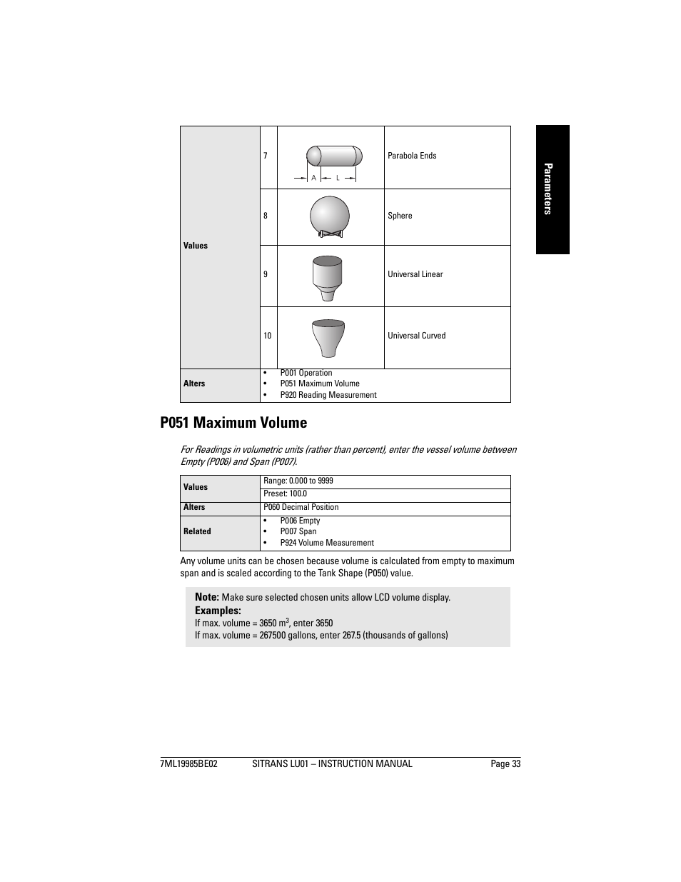 P051 maximum volume | Siemens sitrans LU01 User Manual | Page 39 / 114