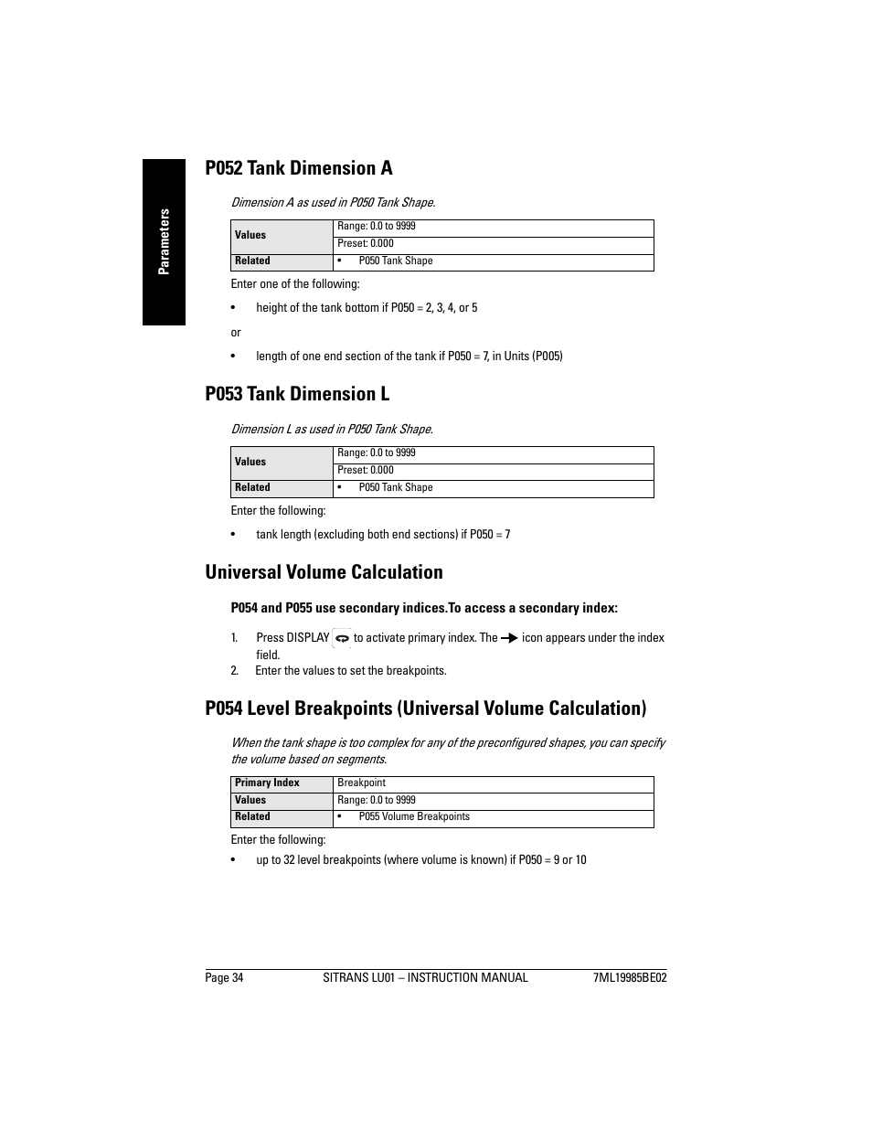 P052 tank dimension a, P053 tank dimension l, Universal volume calculation | Siemens sitrans LU01 User Manual | Page 40 / 114