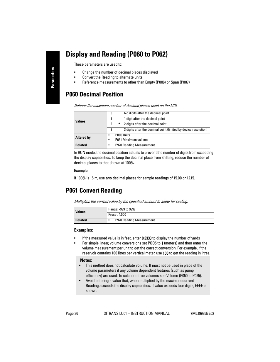 Display and reading (p060 to p062), P060 decimal position, P061 convert reading | Siemens sitrans LU01 User Manual | Page 42 / 114