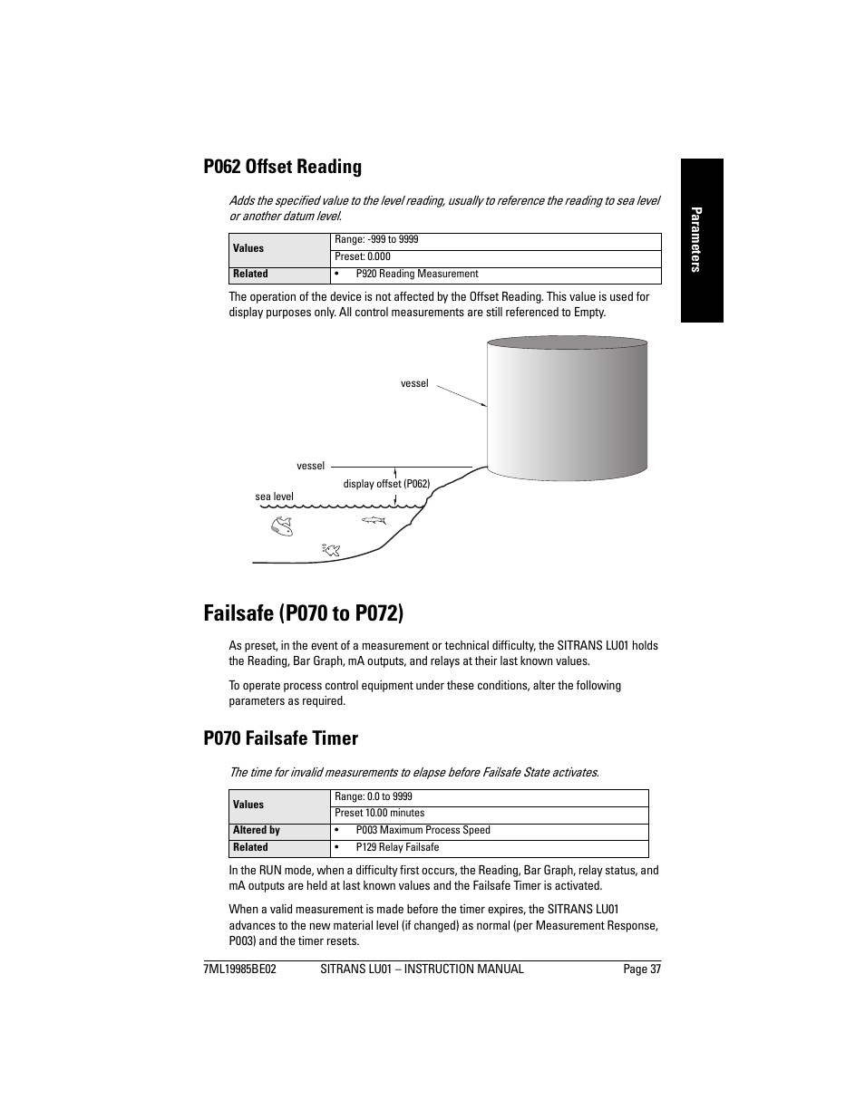 Failsafe (p070 to p072), P062 offset reading, P070 failsafe timer | Siemens sitrans LU01 User Manual | Page 43 / 114