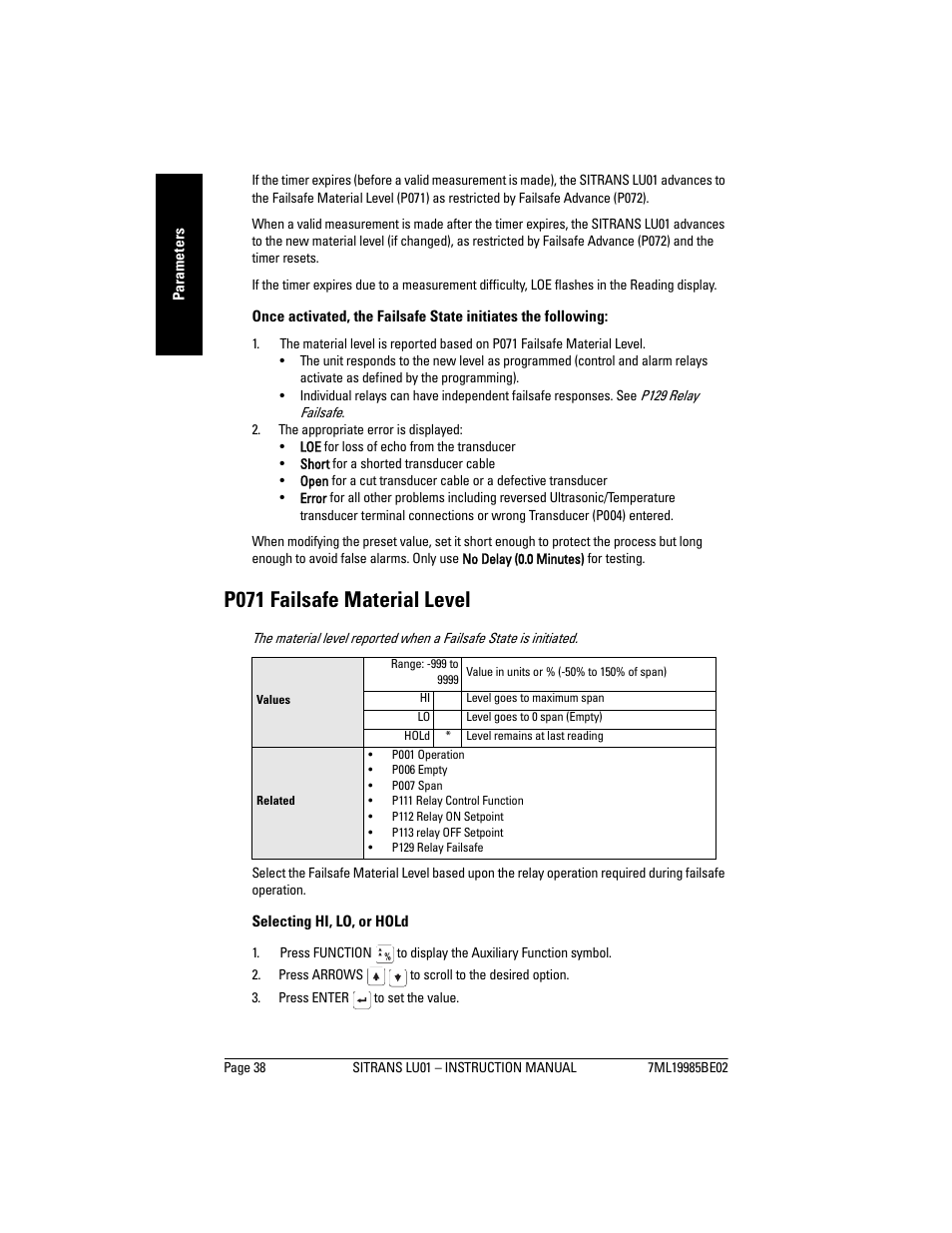 P071 failsafe material level | Siemens sitrans LU01 User Manual | Page 44 / 114