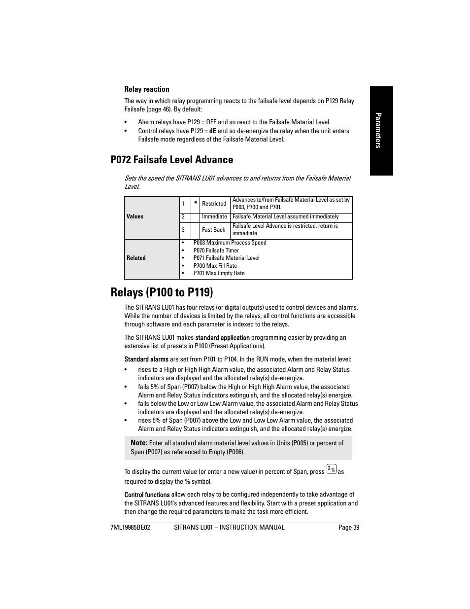 Relays (p100 to p119), P072 failsafe level advance | Siemens sitrans LU01 User Manual | Page 45 / 114