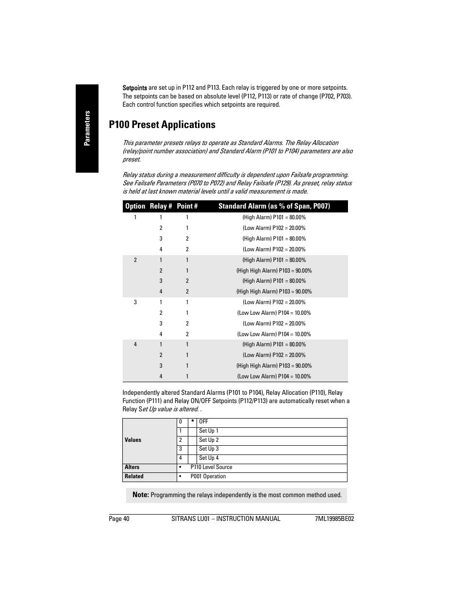 P100 preset applications | Siemens sitrans LU01 User Manual | Page 46 / 114