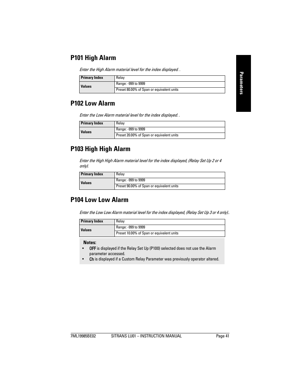 P101 high alarm, P102 low alarm, P103 high high alarm | P104 low low alarm | Siemens sitrans LU01 User Manual | Page 47 / 114