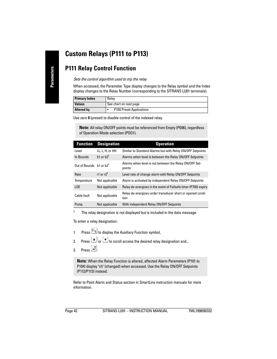 Custom relays (p111 to p113), P111 relay control function | Siemens sitrans LU01 User Manual | Page 48 / 114